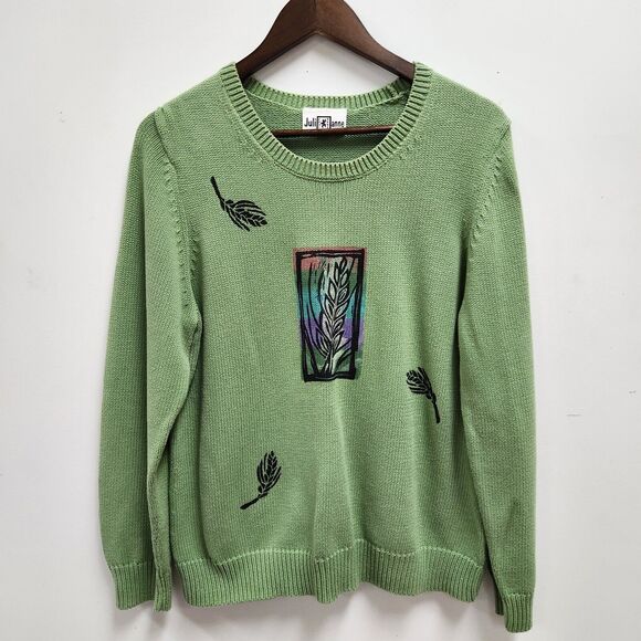 Vintage Julianne Sweater Size XL Green Leaves Crewneck Nature Art to Wear - Picture 1 of 11